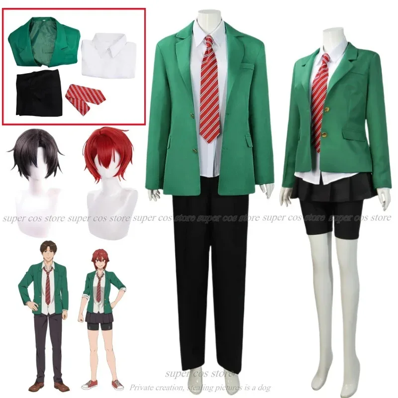 

qq28LQАниме -чан - девушка! Tomo Aizawa Junichirou Kubota Косплей Костюм Парик Зеленый наряд Школьная форма Юбка Гетры Мужчины W