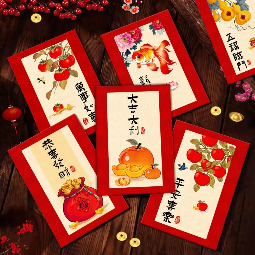 6pcs Oil Painting Style Chinese New Year Red Envelopes Traditional Blessing Red Pocket Thickened Hongbao Money Packet Bonus