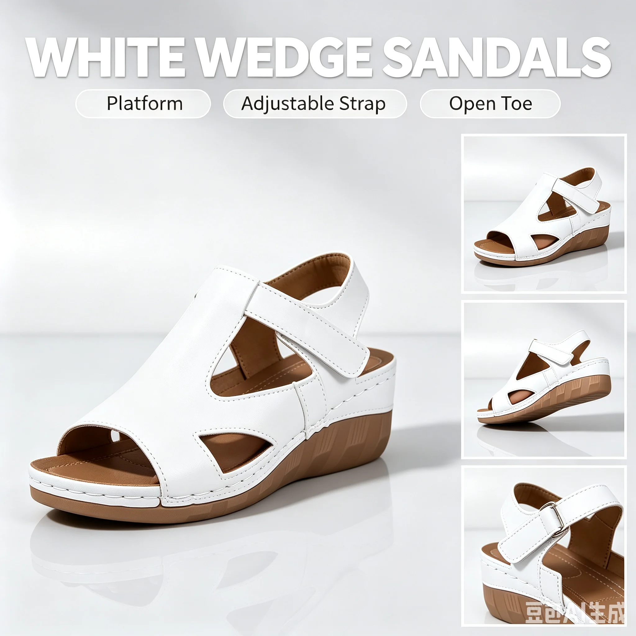 Women's Open Toe Wedge Platform Sandals Adjustable Hook Loop Ankle Strap Faux Leather Comfortable Breathable Arch Support Soft Padded Insole Non-Slip Rubber Sole Lightweight Dressy Casual Summer Daily Walking Beach Vacation Outdoor Footwear Black White