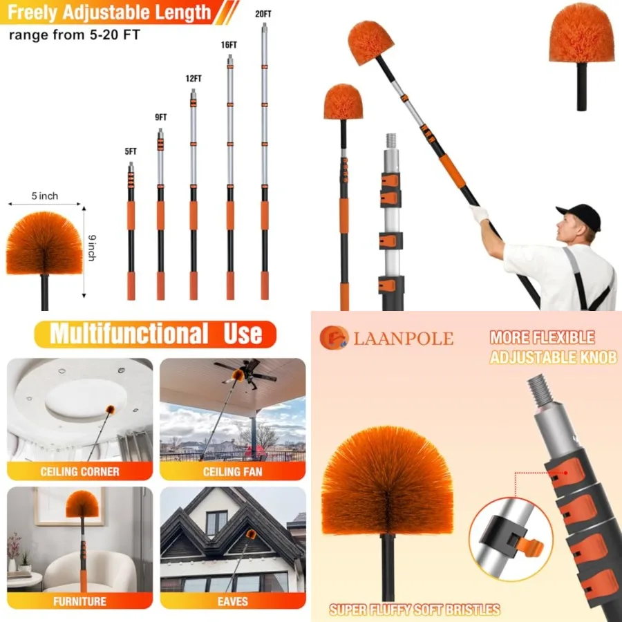 

20Feet Cobweb Duster with Extension Pole, Spider Web Brush for Cleaning Extendable, Professional Ceiling and Corner Dusters for