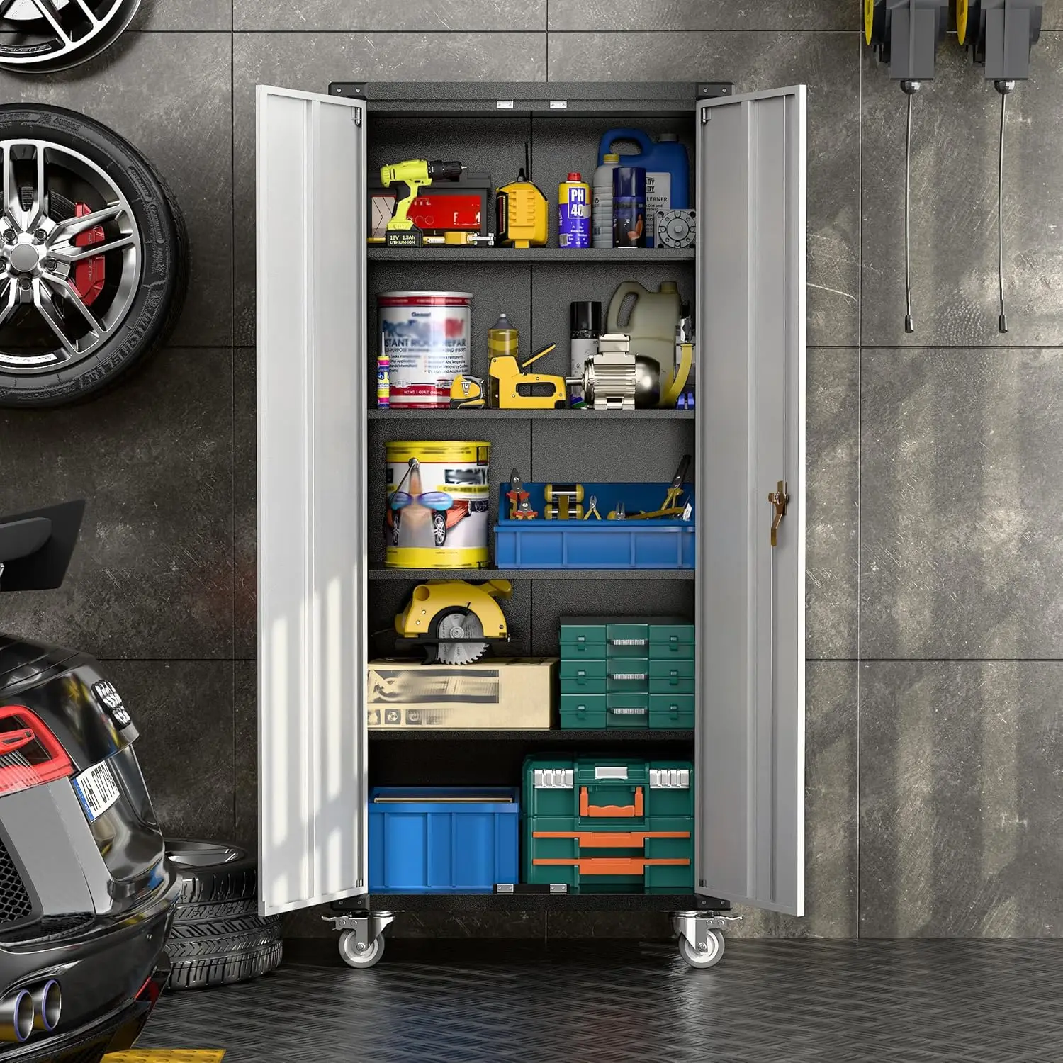 Rolling Metal Storage Cabinet with Locking Doors and 4 Adjustable Shelves, Garage Cabinets with Wheels for Garage