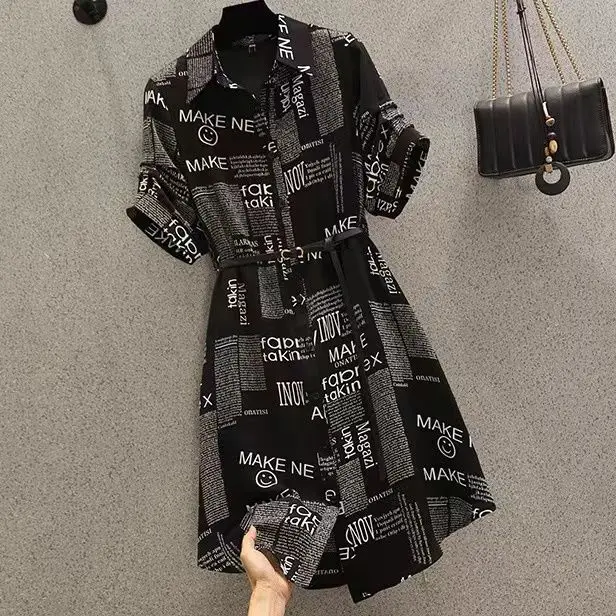 Large Women\'s Summer New Fat Sister French Age Reducing Polo Neck Waist Wrapped Letter Printed Dress Fashionable Women