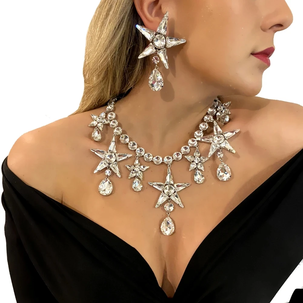 Stonefans Star Pendant Necklace Earrings Set Wholesale for Women Drag Queen Accessories Jewelry Set for Women Free Shipping 2023