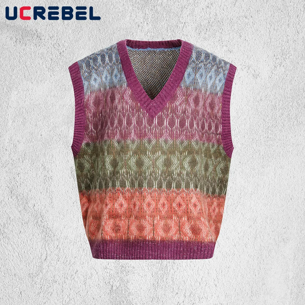 

Контрастный жаккардовый жилет из мохера, мужской осенне-зимний ретро уличный вязаный свитер без рукавов с v-образным вырезом, мужской