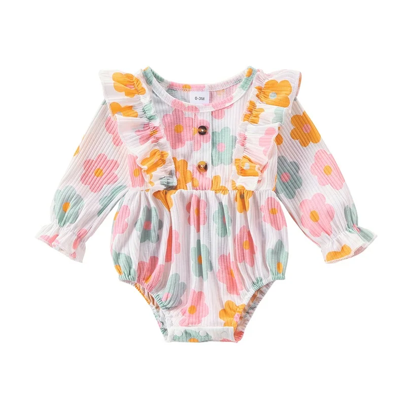 

Baby Girl Fall Romper Floral Print Long Sleeve Crew Neck Ruffled Bubble Jumpsuit