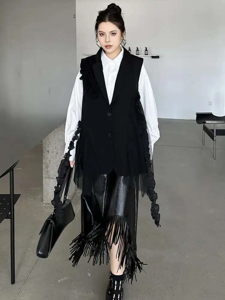 

Women Black 3d Flower Mesh Ruffles Big Size Elegant Vest New Lapel Sleeveless Fashion Tide Spring Autumn