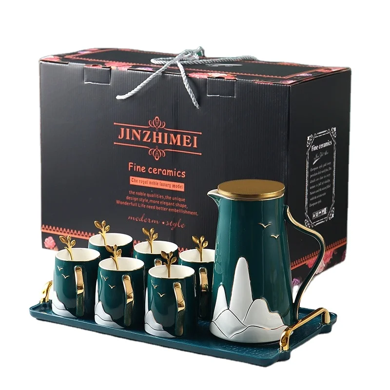 

Оптовая продажа керамический набор для воды чашка лось пейзаж изолированный чайник набор с термометром