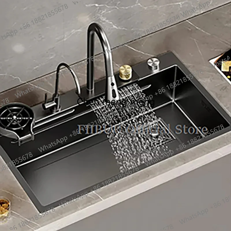 Stainless Steel Black Raindance Waterfall Kitchen Sink Large Single Bowl Wash Basin Sink Undercounter Topmount Faucet Drain