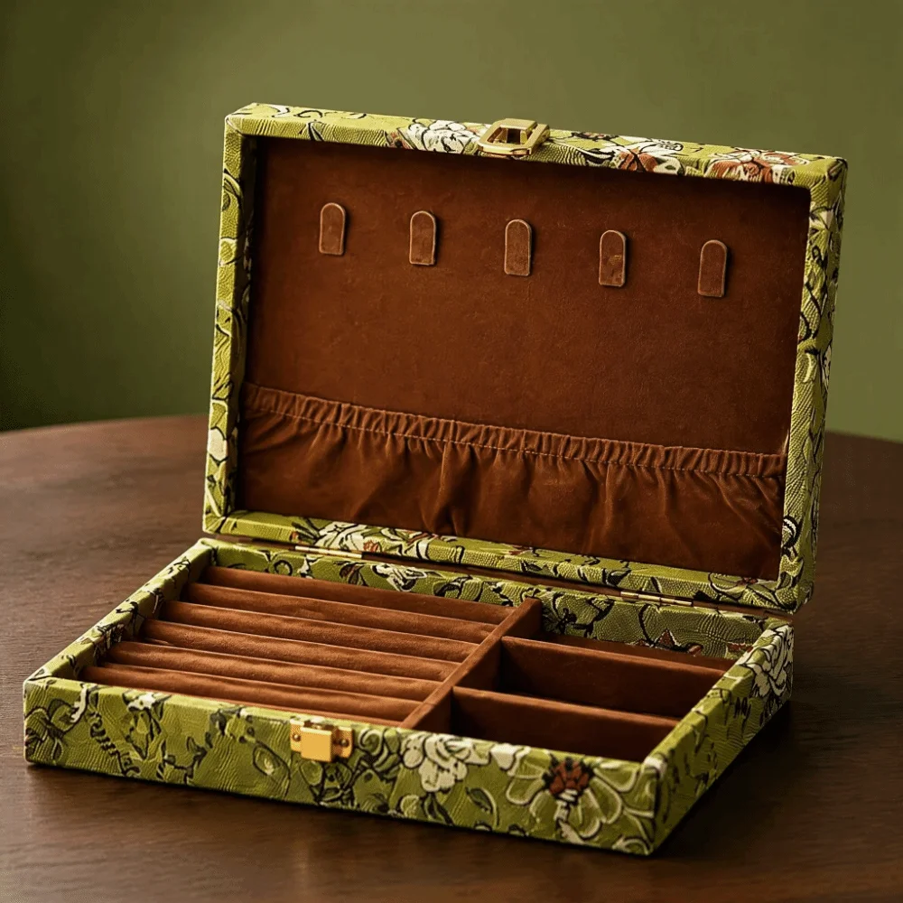 Retro Wooden Jewelry Box Embroidered Floral Vintage Jewelry Case Luxury Large Capacity Multi Compartment Jewelry Holder Bracelet