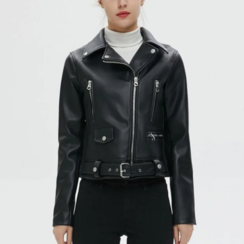 

2023 New Autumn Winter European American Ladies Black Artificial Leather Jacket Coat Lapel with Belt Rivet Leather Overcoat