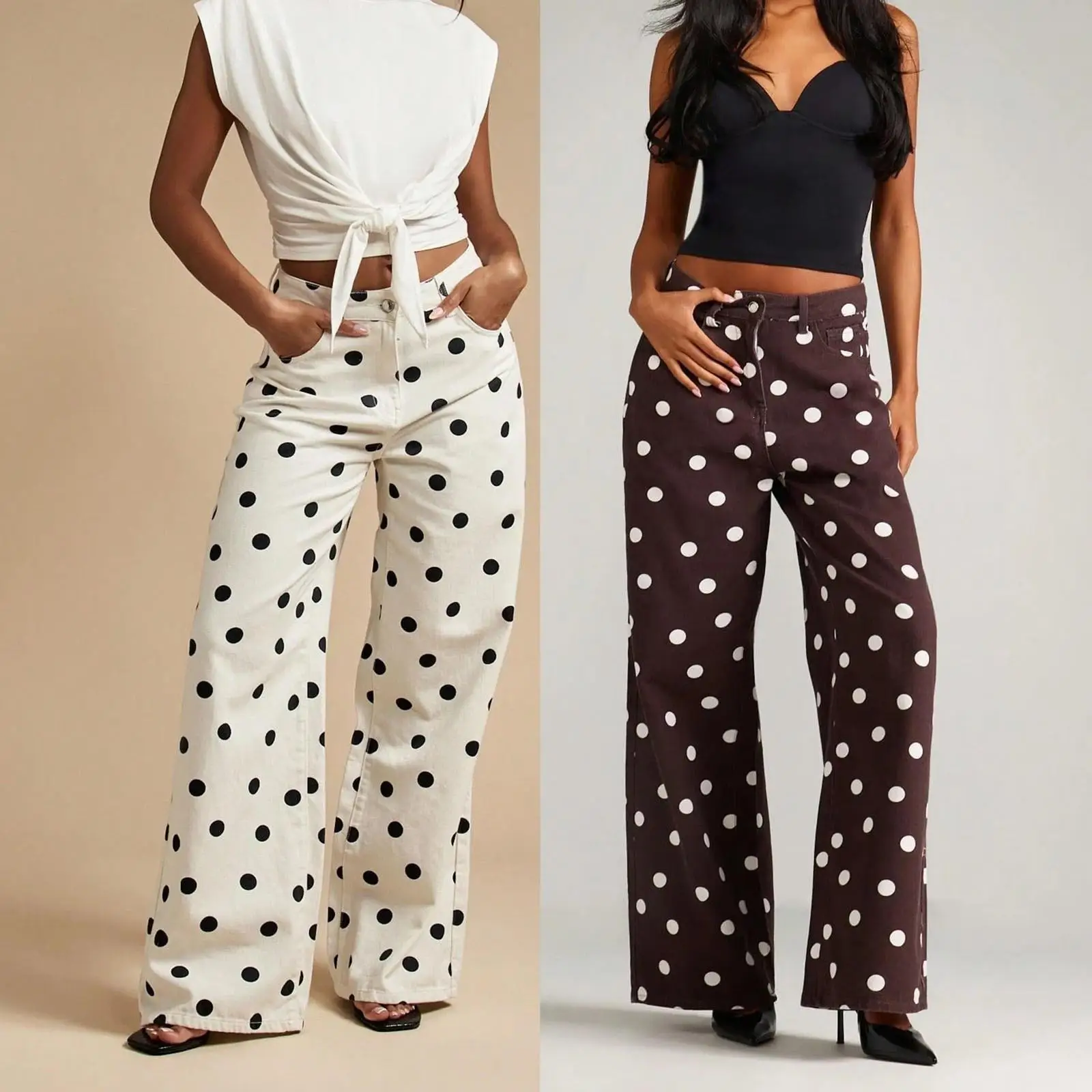 Somenie New Polka‑Dot Women Denim Jeans, Mid‑rise Loose‑fit Non‑stretch Casual Long Trousers, Cross‑border Wholesale