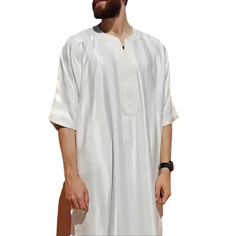 Muslim Fashion Men Kaftan Robe Satin Embroidery Jubba Thobe Saudi Arab Thoub Arabic Islamic Dress Traditional Ramadan Clothes