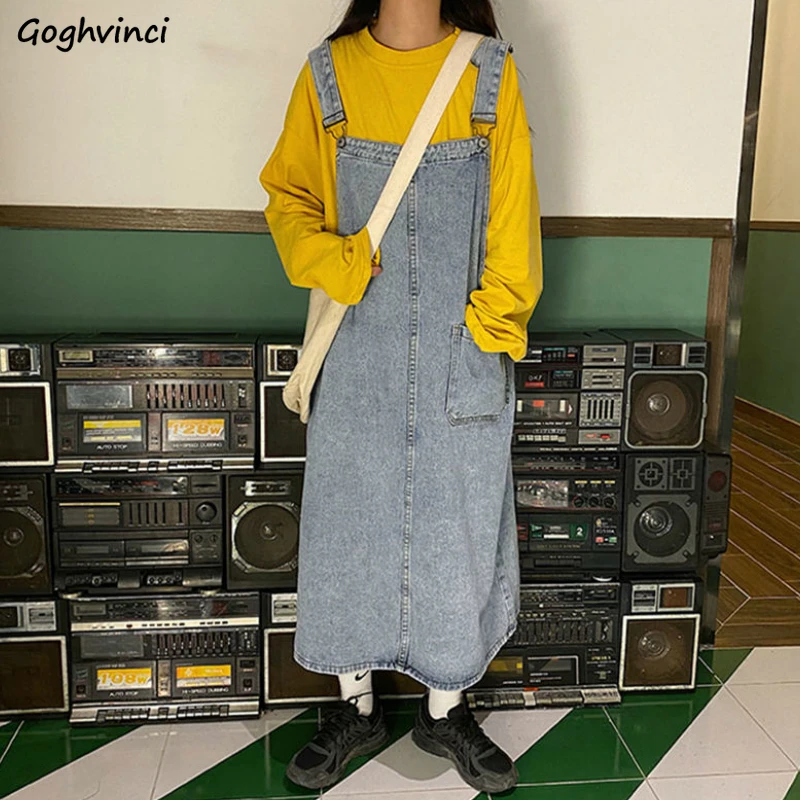 Dress Women Denim Spaghetti Strap Vintage Sundress Korean Style Loose All-match Summer Retro Streetwear Teens  Ulzzang