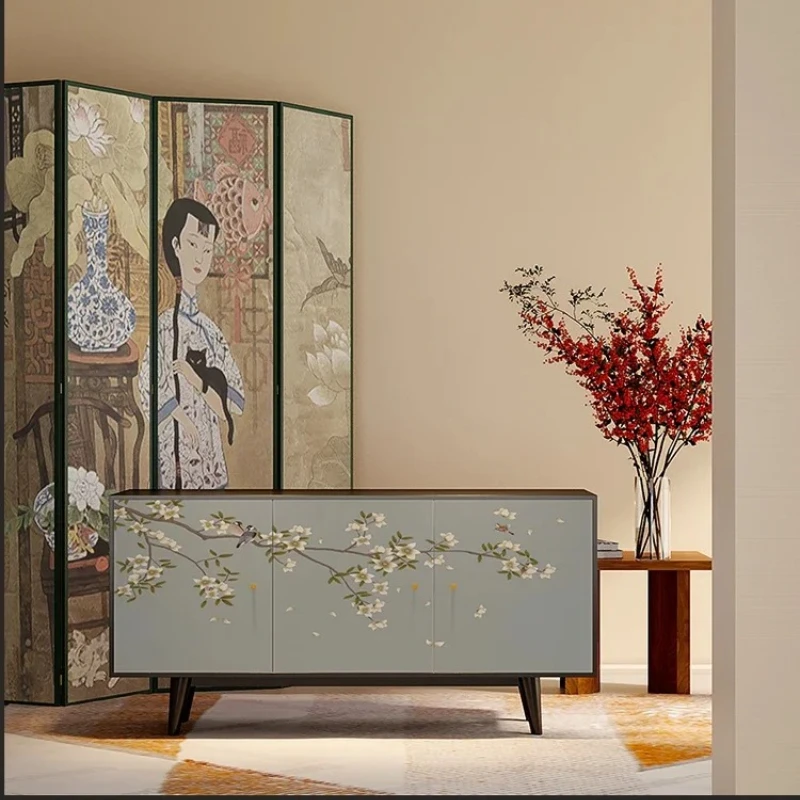 A New Chinese Style Hallway Partition Solid Wood Solid Wood Wall Entrance Cabinet Modern Light Luxury