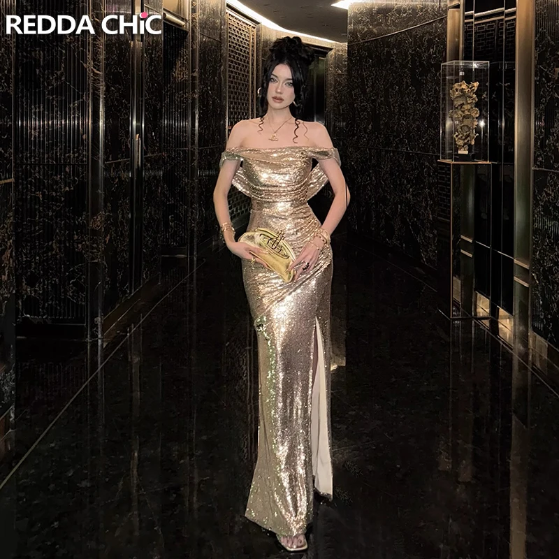 

REDDACHiC Elegant Cowl Neck Women Glitter Dress Gold Sequin Maxi Long Backless Split Mermaid Bodycon Cocktail Party Evening Gown