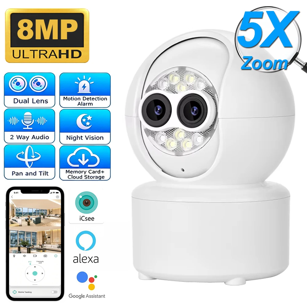 ICsee Dual-Lens 4MP Security Camera 5X Optical Zoom PTZ WiFi IP Cam with Auto Tracking 2.8mm Lens Wireless Surveillance for Home