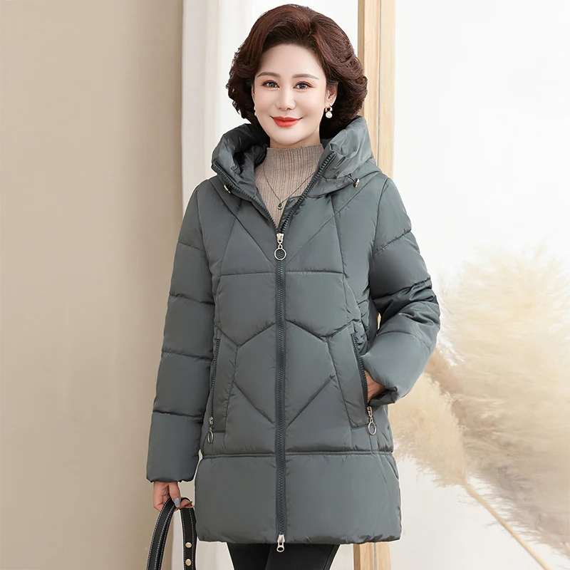

Новая зимняя женская модная свободная повседневная толстая теплая хлопковая одежда средней длины, куртка с капюшоном для среднего и пожилого возраста