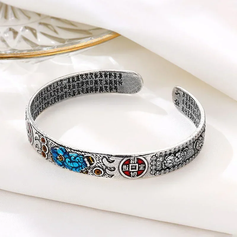 925 Thai Silver Classic Colorful Enamel Pixiu Men Bracelet Simple Charms Chinese Style Vintage Bangles for Women Banquet Jewelry
