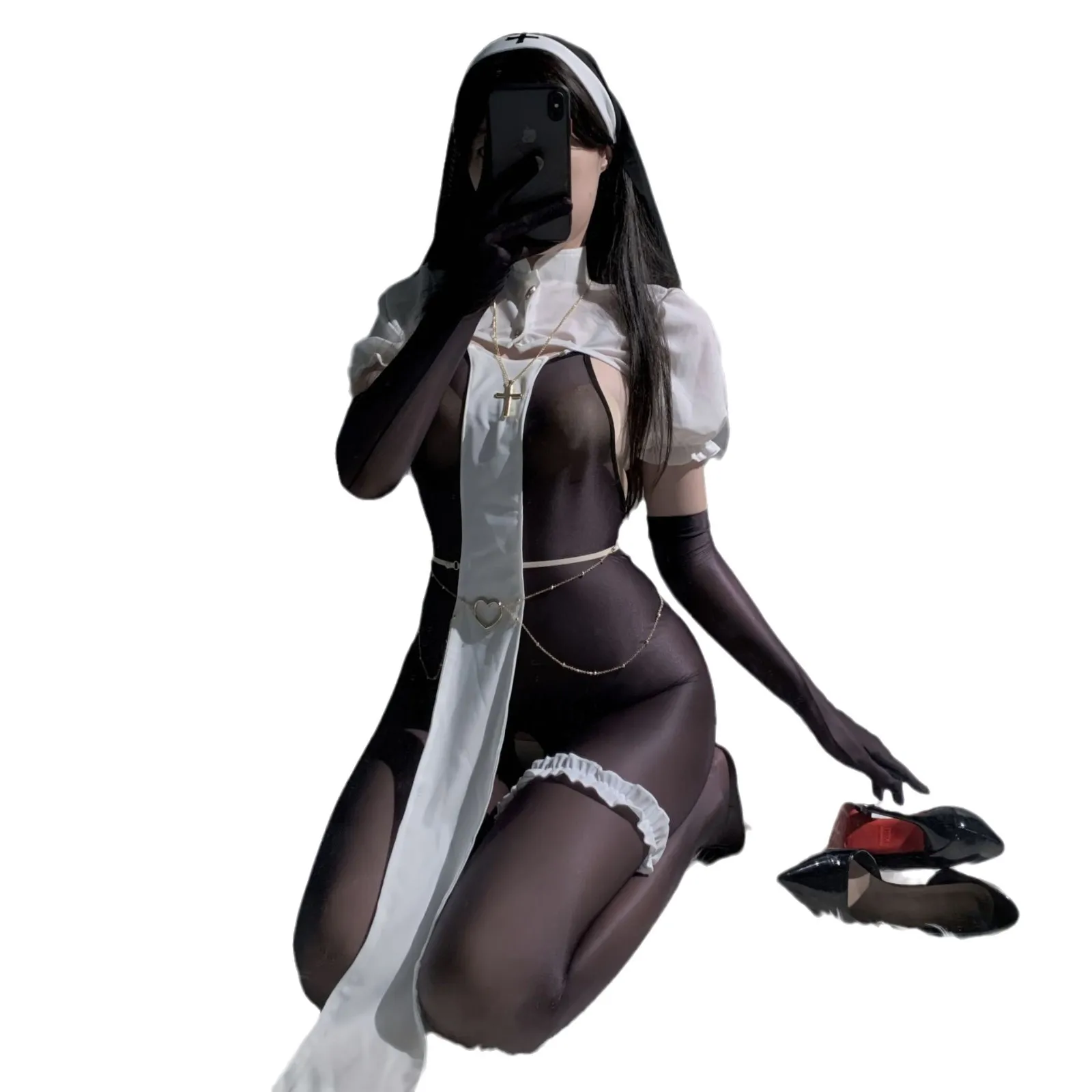 

High-end Open Crotch Emotional Underwear Set For Women, Nun Cosplay Uniform Sexy See Through Babydoll One-piece Lingerie