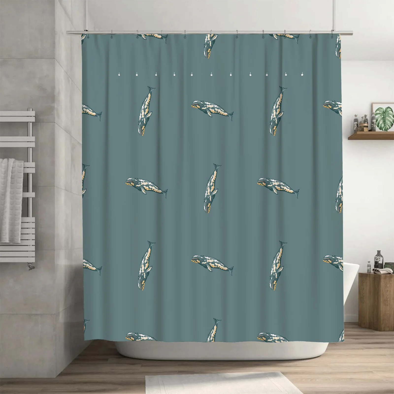 Vintage-style whale pattern shower curtain with modern bathroom decor in blue-gray color, perfect for home use. (128 characters)