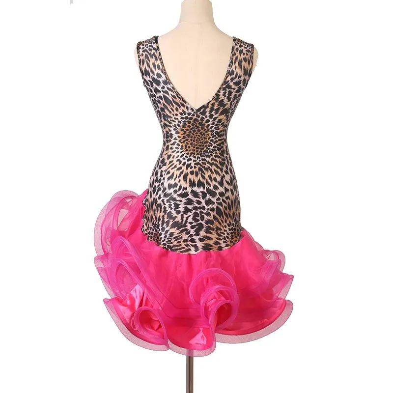 Robe de danse latine à col en v pour femmes, jupe à bretelles professionnelle, léopard, jupe de danse carrée en trois étapes, rumba samba cha-cha