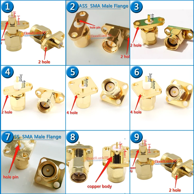 

SMA Male Jack Center Solder 2 hole 4 Hole Flange Chassis Panel Mount Brass copper body Coaxial Golden RF Connector Socket