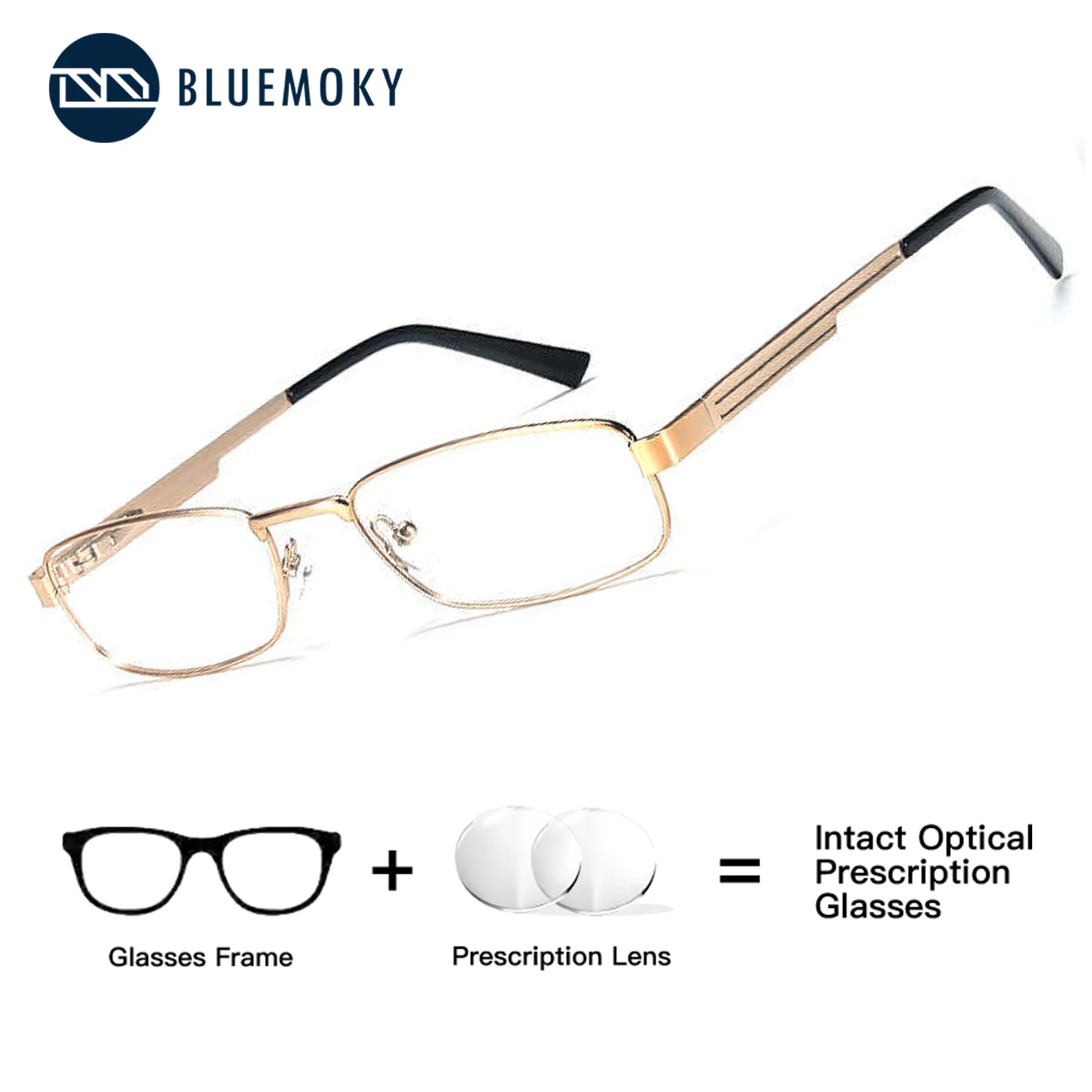 

BLUEMOKY Male Rectangle Metal Frame Prescription Eyewear Blue Light Blocking Photochromic Men's Glasses for Sight Degree Lenses
