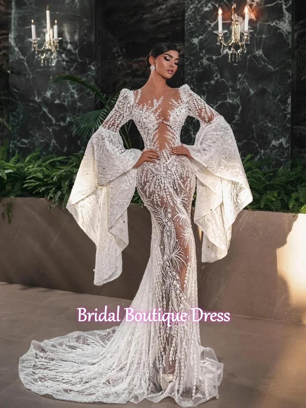 

Свадебное платье-русалка с вышивкой бисером и кружевом, роскошное, с жемчугом, расклешенными рукавами, индивидуального пошива, сексуальное, с эффектом иллюзии, для невесты