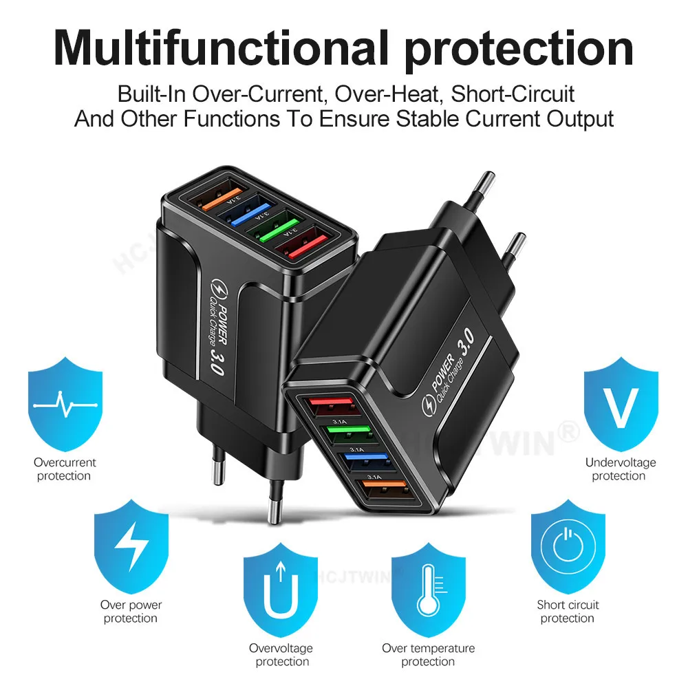 4-Port USB Luminous Multi Port 3.1A Butterfly 4 USB Mobile Phone Charger Travel Charging Head US/EU/UK Charger