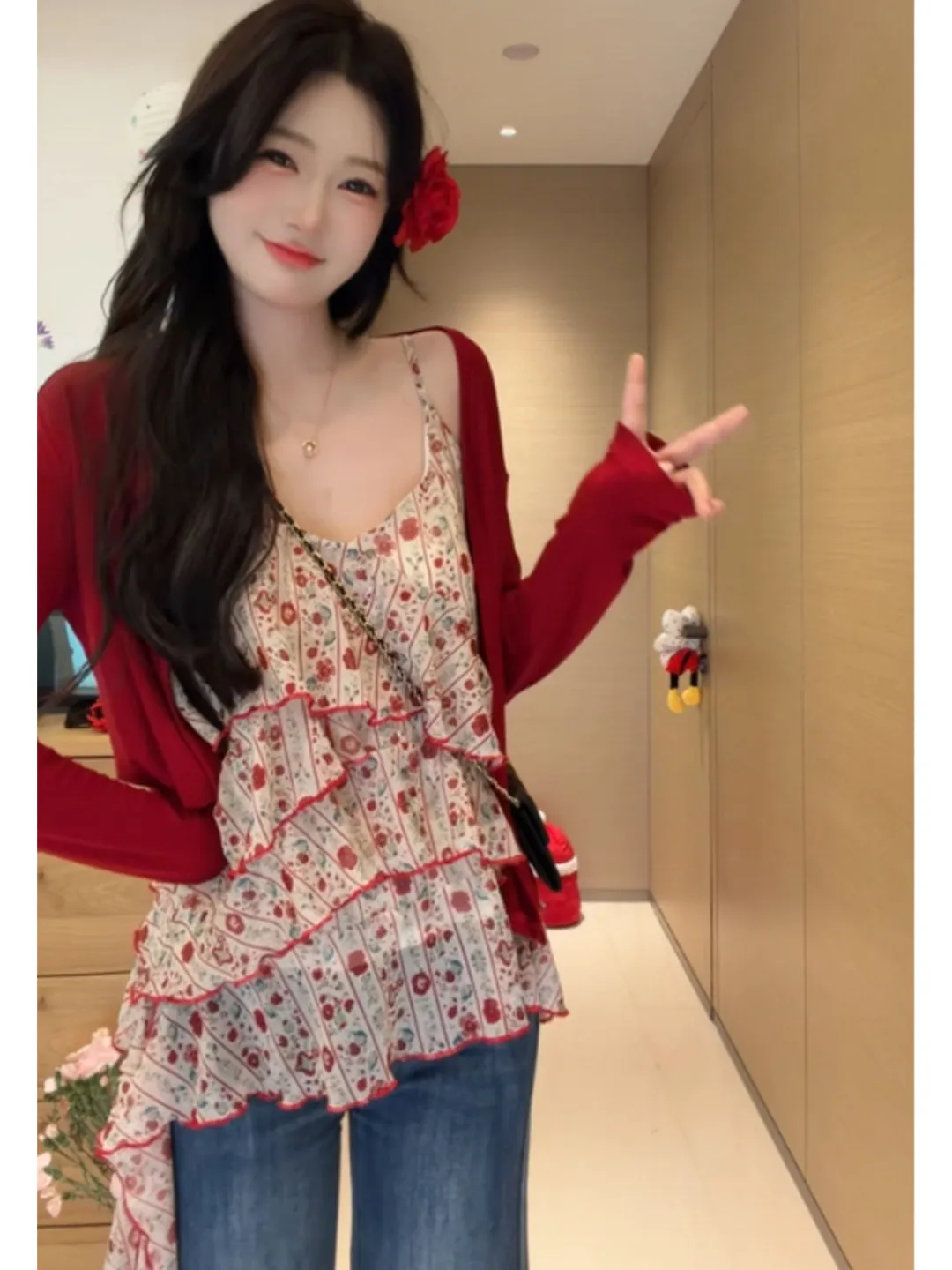 

Unique Beautiful Floral Print Sun Protection Cardigan And Tank Top Set Casual Wear Breathable Lightweight V Neck Spring Summer