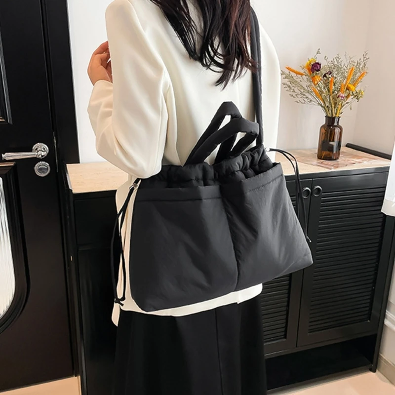 Puffer Shoulder Bag For Women And Men Cotton Stuffed Underarm Bag Casual Handbag With Drawstring And Adjustable Strap