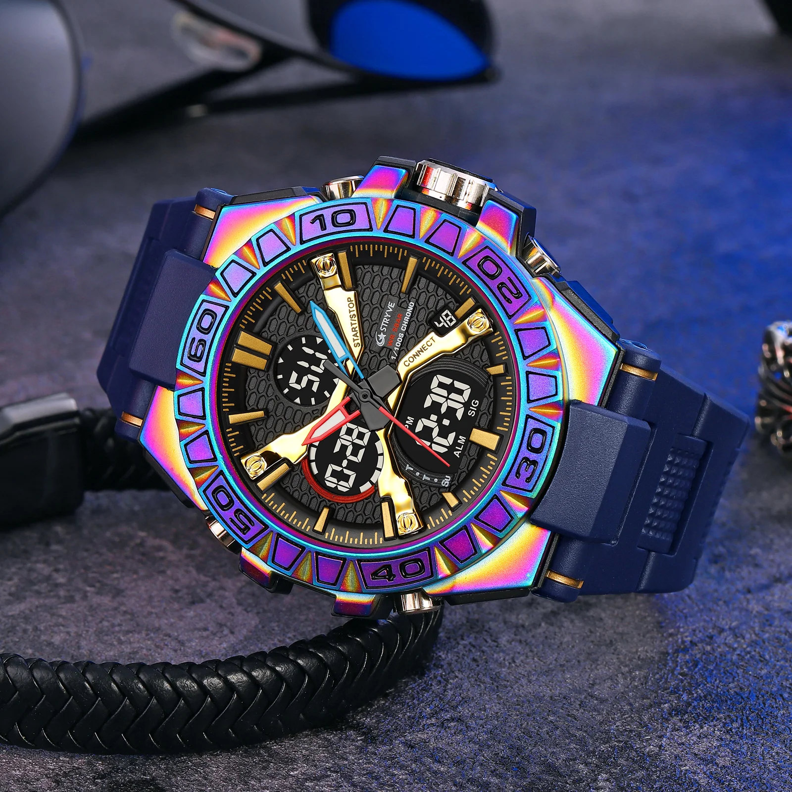 

STRYVE Digital Watch Colorful Alloy Case Men's Outdoor Sports Multifunctional Waterproof Night Glow Wristwatches Men Stopwatch