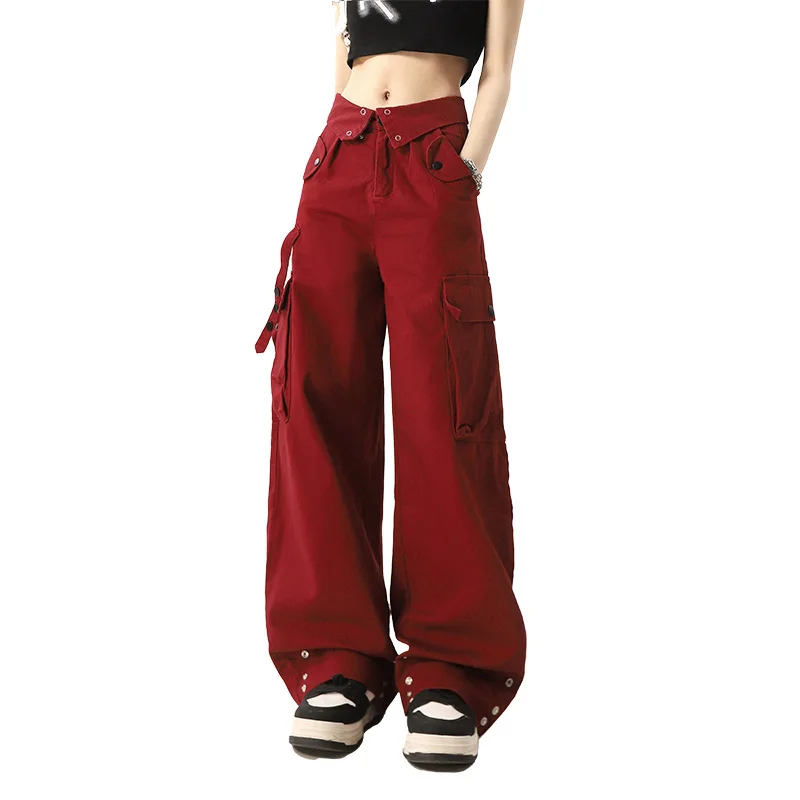 Autumn High Street Burgundy Workwear Pants With Niche Design Vibe Functional Pants For Women's Straight Casual Pants Ins