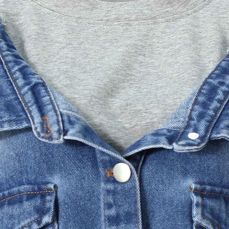 ZOCI موضة الدنيم المرقعة وهمية 2 قطعة البلوفرات المرأة الجولة الرقبة فضفاضة رمادي طويل الأكمام البلوز المد الجديد