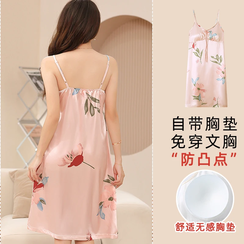 Summer Women Nightgown With Chest Pad Silk Satin Girls Nightdress M-4XL Soft Female Nightwear