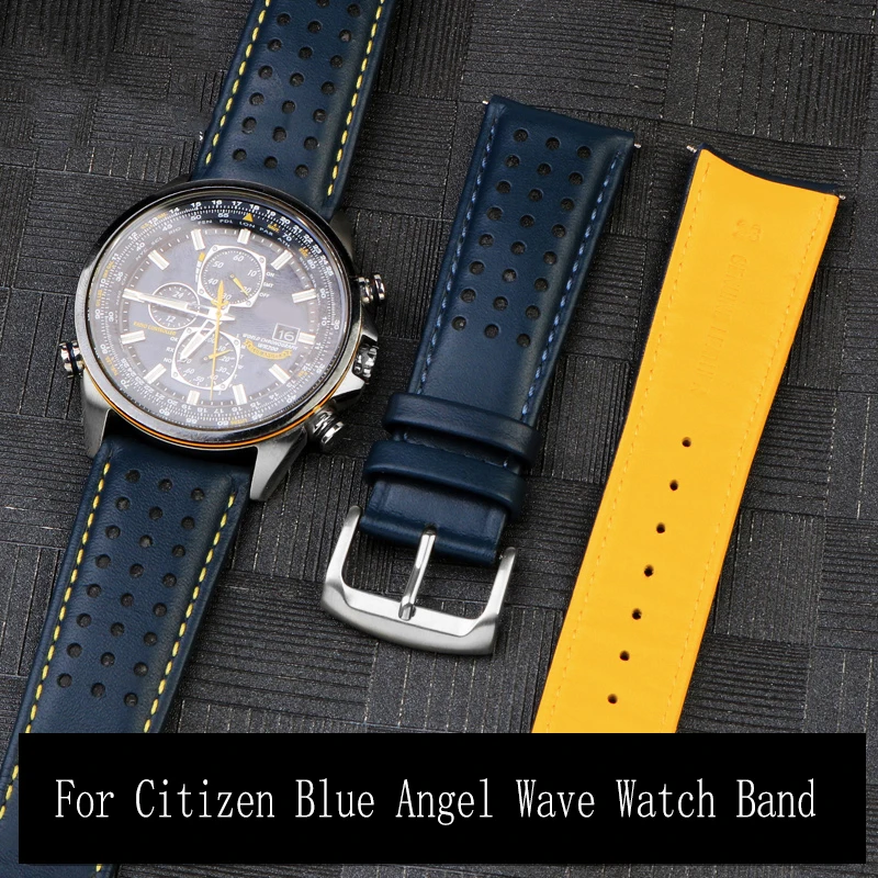 

For CITIZEN Blue Angel Men Radio Wave Watch AT8020-54L/8020-03L/JY8078 curved end Genuine Leather Watchband Bracelet Strap 22 23