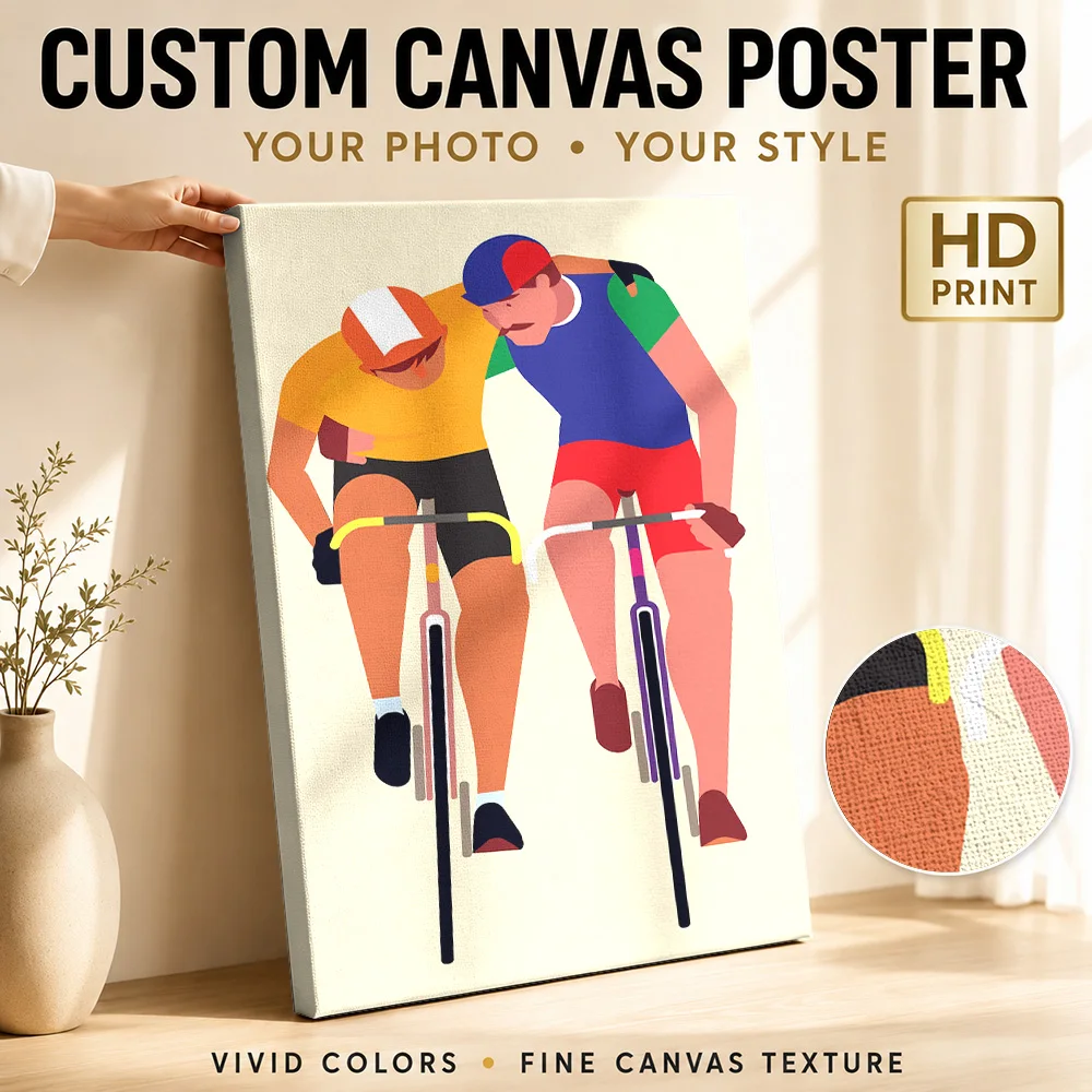 Cyclists helping each other Canvas Print Poster Customized Sports Portrait Wall Paintings Decoration for Bedroom Ready to Hang