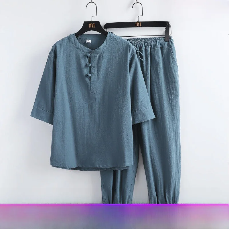 

Summer Thin Short Sleeve Men's T-Shirt Cotton Linen Loose V-Neck Zen Meditation Suit Zen Spirit Set Casual Sportswear Ensemble