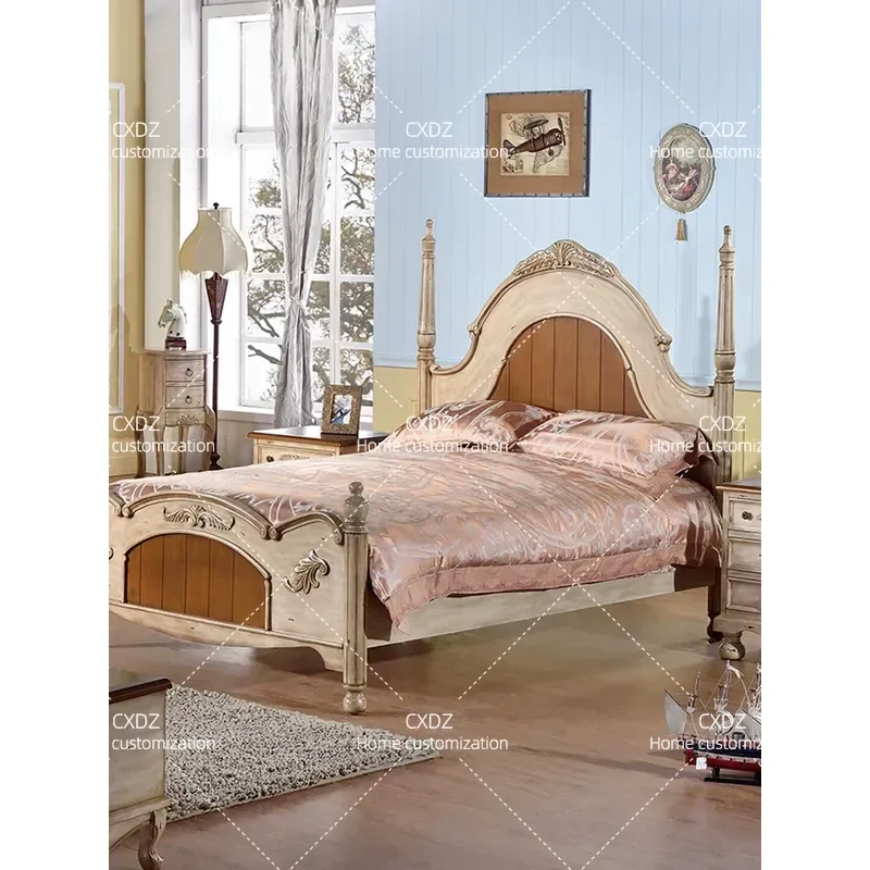 Country Style Solid Wood Bed 1.5m Double Bed for Second Bedroom European Retro Simple Design Furniture
