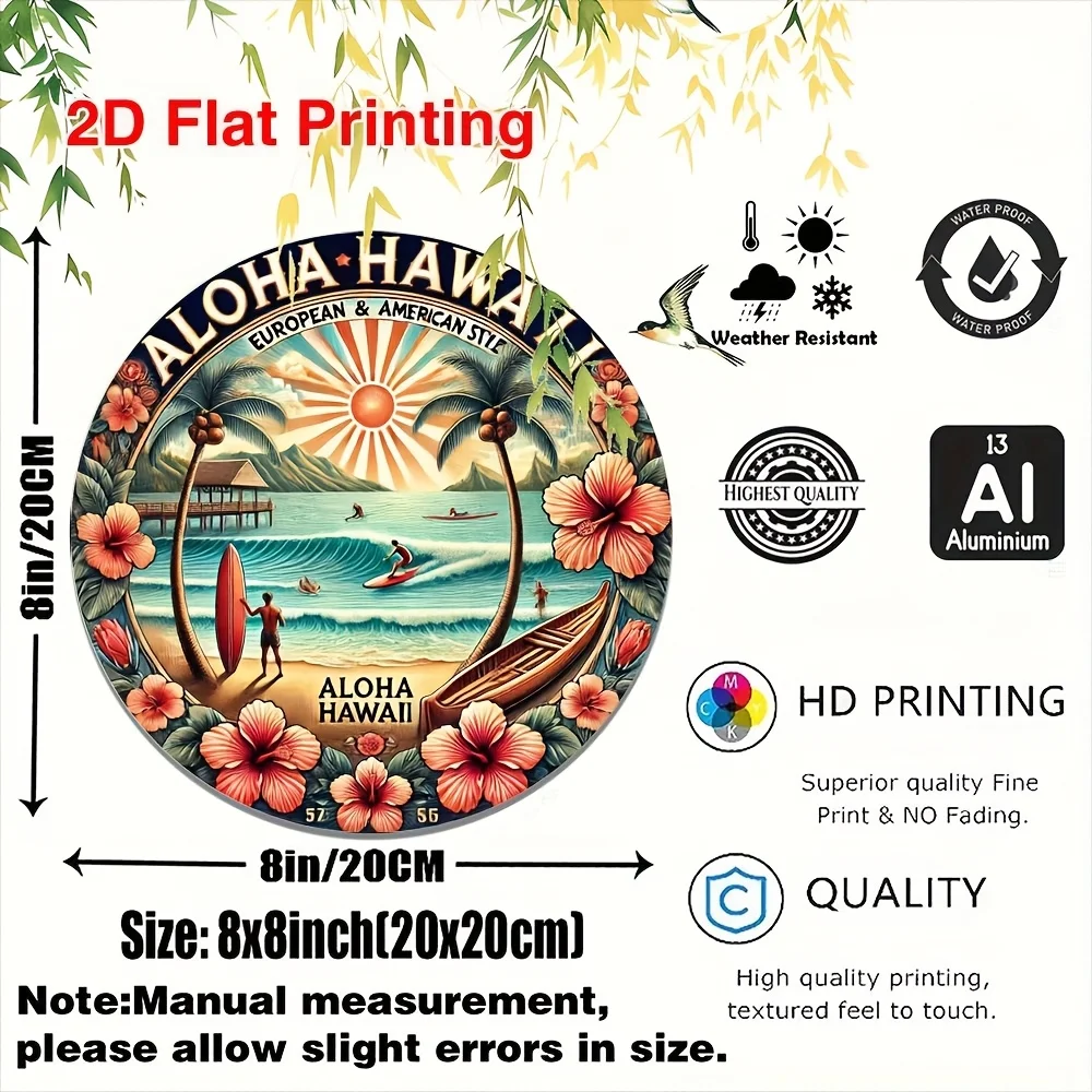 2D Flat, 1pc, Round Aluminum Sign Wall Art, Vintage Aloha From Hawaii Metal Sign, Bar Kitchen Coffee Sign for Home Living Room O