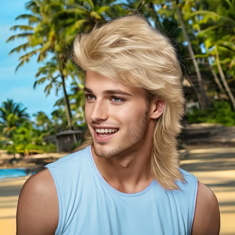 

Мужской парик из блондинки кефали — ретро-стиль 70-х и 80-х, идеально подходит для вечеринок на Хэллоуин и рок, синтетические термостойкие волосы