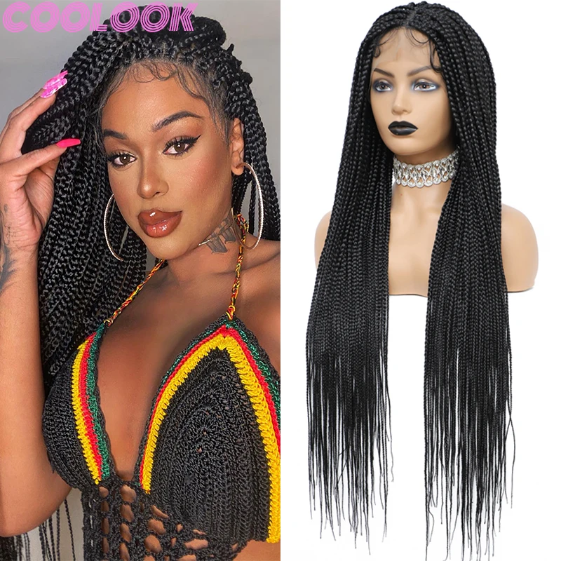 

36inch Synthetic Box Braided Full Lace Wig Heat Resistant Lace Frontal Braid Wigs for Afro Women Black Distressed Box Braids Wig