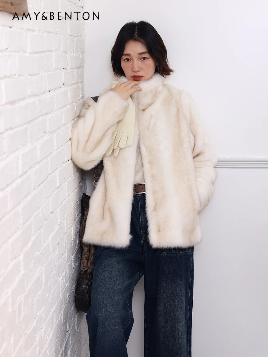 High End Retro Sweet Elegance Stand-up Collar Thick Environmental Protection Mink Fur Coat Women Winter Loose Slim Plush Jackets