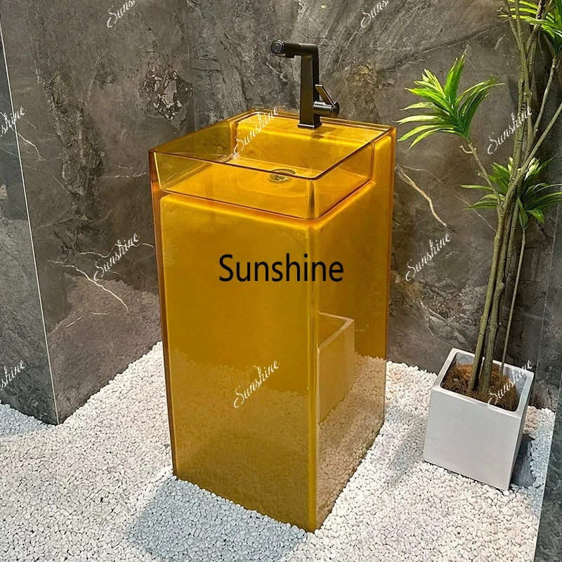 Transparent yellow square integrated floor-to-ceiling washbasin