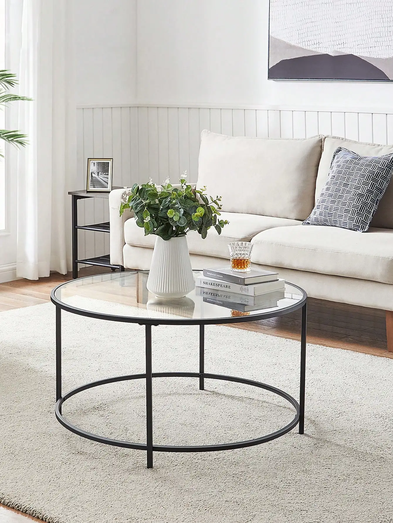 VASAGLE Glass Coffee Table with AER Frame. Stylish Living Room Furniture. Round Table in Black.