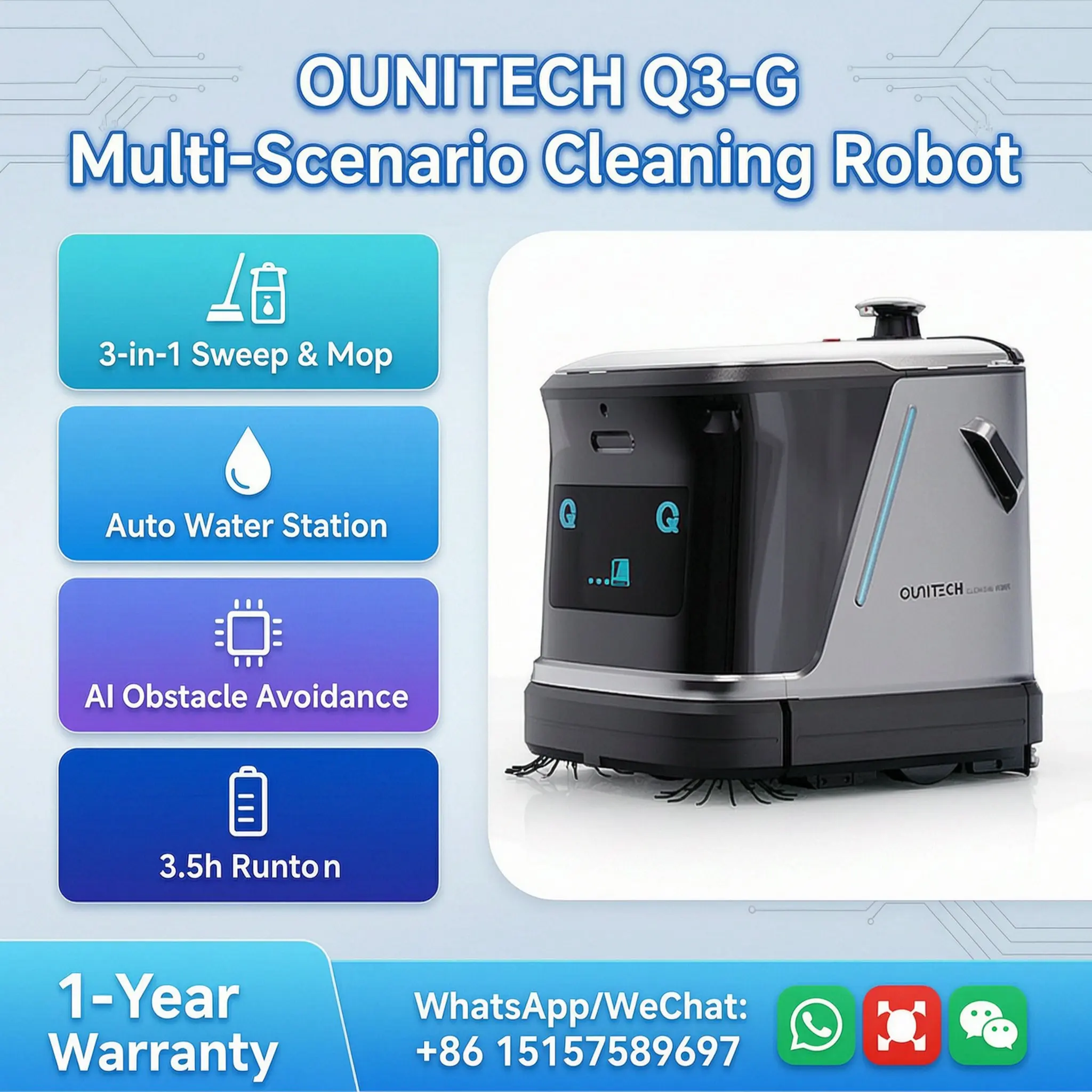 OUNITECH Q3-G Commercial Floor Cleaning Robot 3-in-1 Sweep Mop Vacuum Auto Water Station AI Obstacle Avoidance Multi-Scenario In