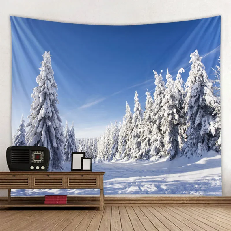 Christmas Forest Snow View Tapestry Wall Hanging Bohemian Festival Room Art Decoration Home Wall Blanket Background Fabric