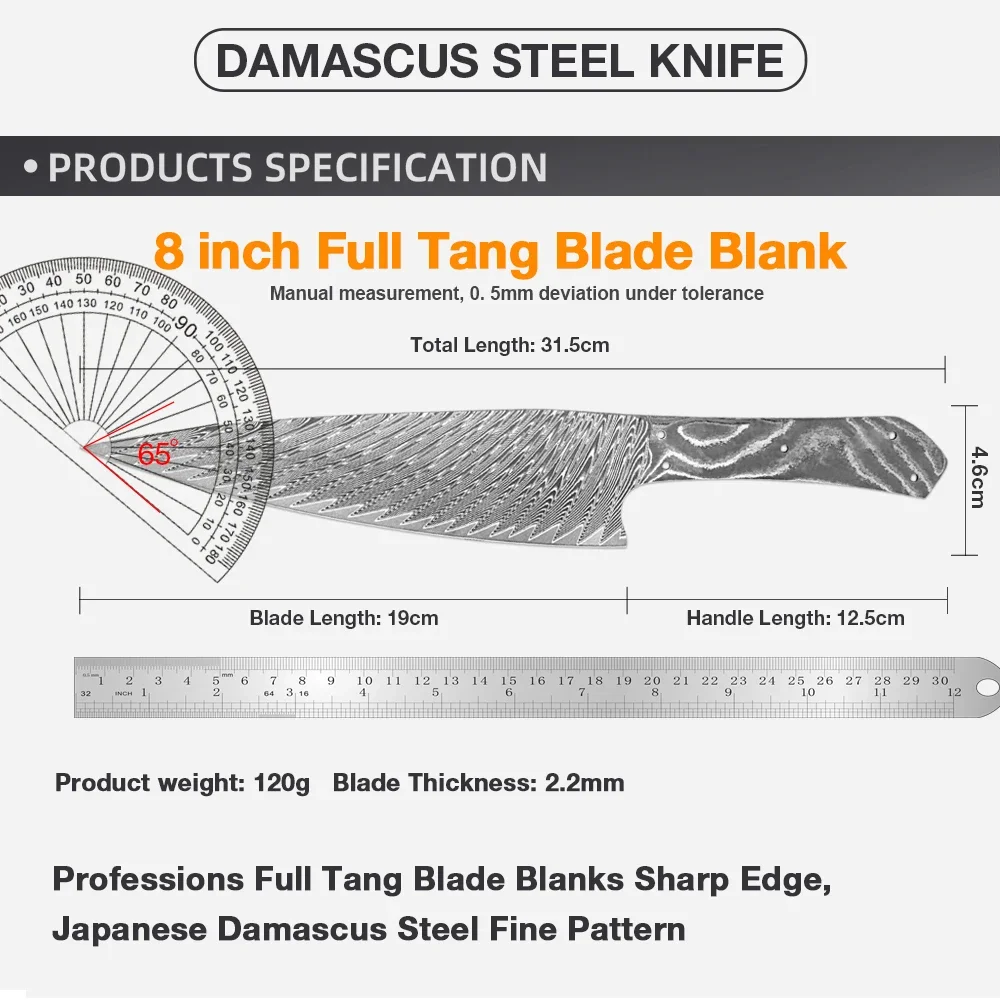 DIY Damascus Steel Slicing Knife Blank Blade Heat-treated sharp edges Blade Making Material Full Tang Integral Damascus blade