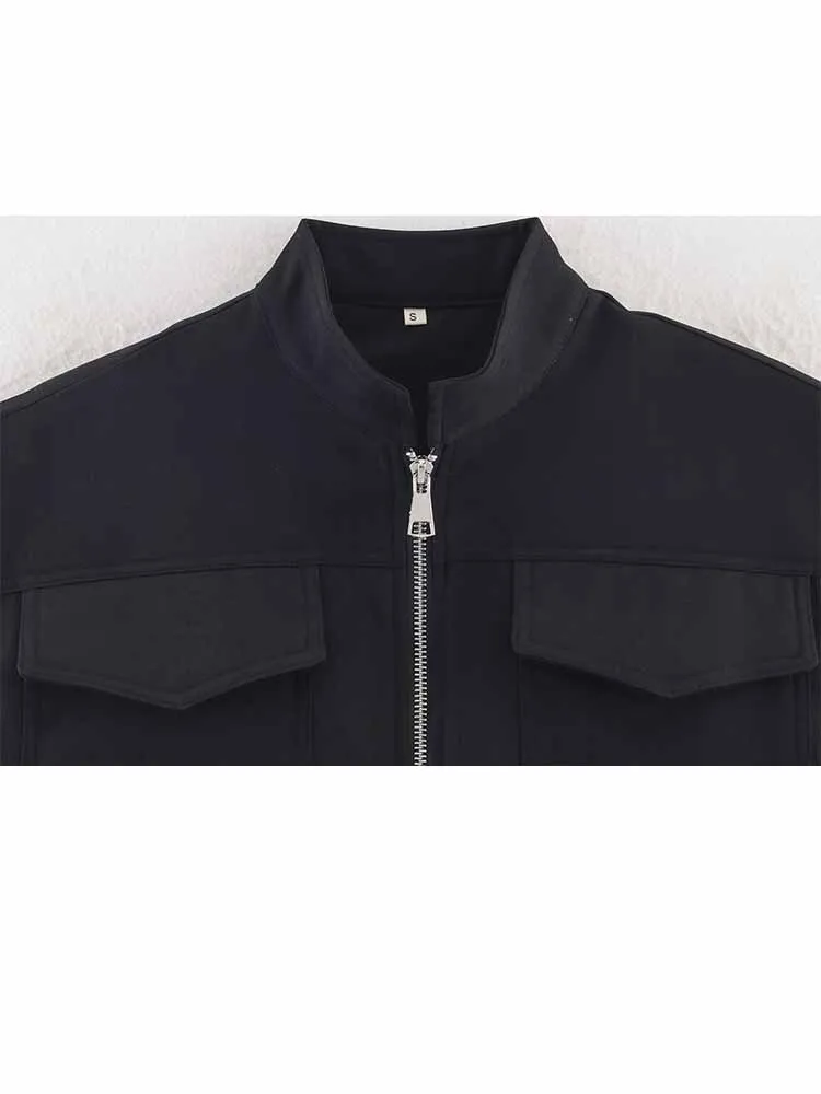 HH Woman Early Spring Fashion Sleeveless Stand Collar Pocket Zipper Decoration Short Coat Female Casual Loose Keep Warm Jacket