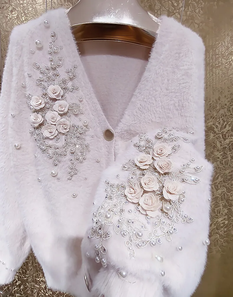 Fairy Luxury 3D Flowers Embroidery Pearls Beaded Warm Mink Cashmere Knitted Cardigan Plush Mohair Sweater Coat Knitwear Tops